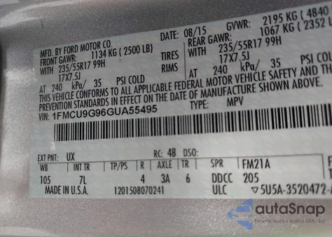 2016 Ford Escape Se z USA, uszkodzony, nr VIN 1FMCU9G96GUA55495